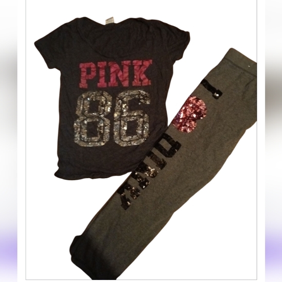 PINK Victoria's Secret Tops - PINK VS Graphic Sequin Tee and Gray Sweatpants Set
